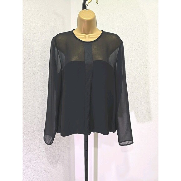 Zara Black Crepe Sheer Satin Stripe Top Blouse Lge Minimalist Dressy Long Sleeve - Picture 1 of 6